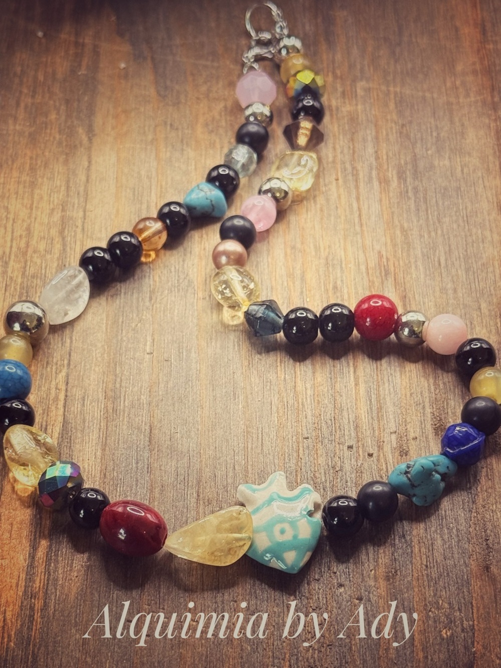 Gemstones +  Multicolor Bead Necklace with Turquoise Focal Charm